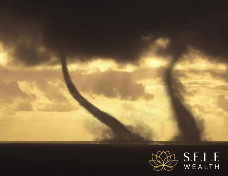 Twin water spouts symbolizing U.S. fiscal and trade deficits threatening financial stability in 2025